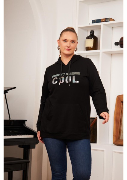 Büyük Beden Taş Baskılı Sweatshirt Koyu Siyah