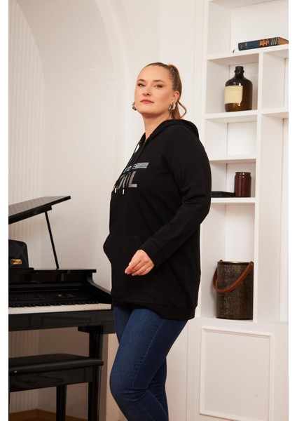 Büyük Beden Taş Baskılı Sweatshirt Koyu Siyah fiyatları