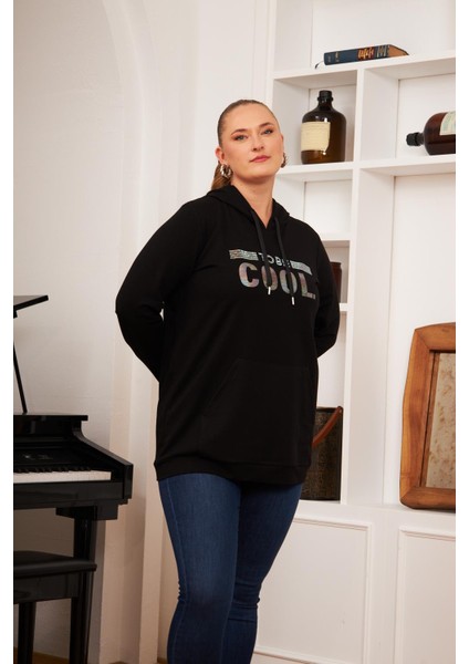 Büyük Beden Taş Baskılı Sweatshirt Koyu Siyah modelleri