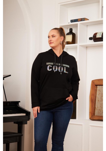 Büyük Beden Taş Baskılı Sweatshirt Koyu Siyah fırsatları