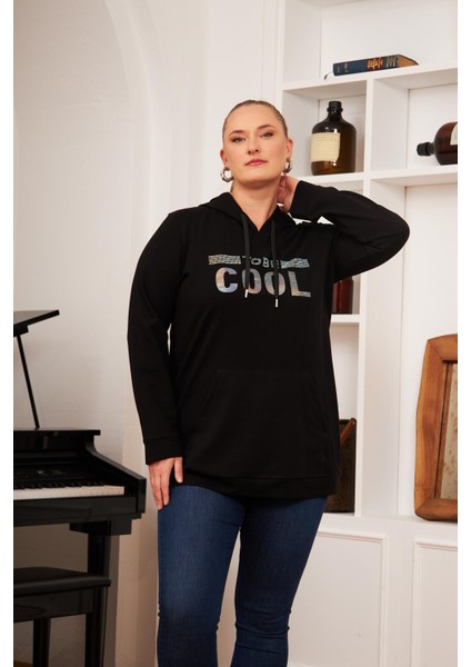 Büyük Beden Taş Baskılı Sweatshirt Koyu Siyah indirimleri