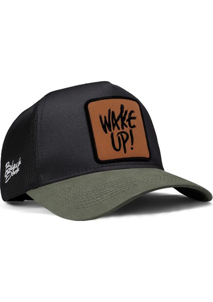 V1 Trucker Wake Up - 2cs Kod Logolu Unisex Haki Siperli-Siyah Şapka