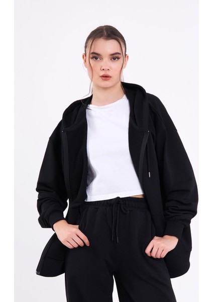 Kadın Siyah Normal Kalıp Basic Beli Lastikli Kapüşonlu Oversize Mevsimlik Alt Üst Eşofman Takımı