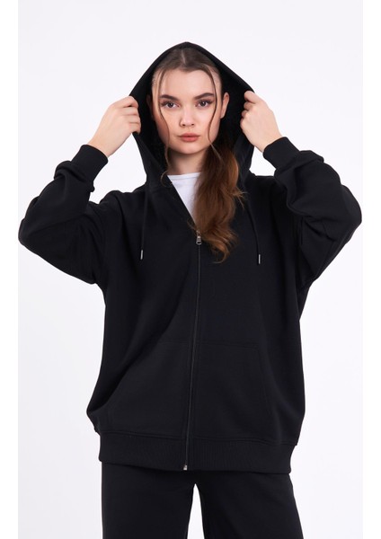 Kadın Siyah Normal Kalıp Basic Beli Lastikli Kapüşonlu Oversize Mevsimlik Alt Üst Eşofman Takımı