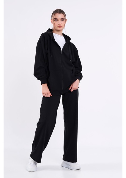 Kadın Siyah Normal Kalıp Basic Beli Lastikli Kapüşonlu Oversize Mevsimlik Alt Üst Eşofman Takımı