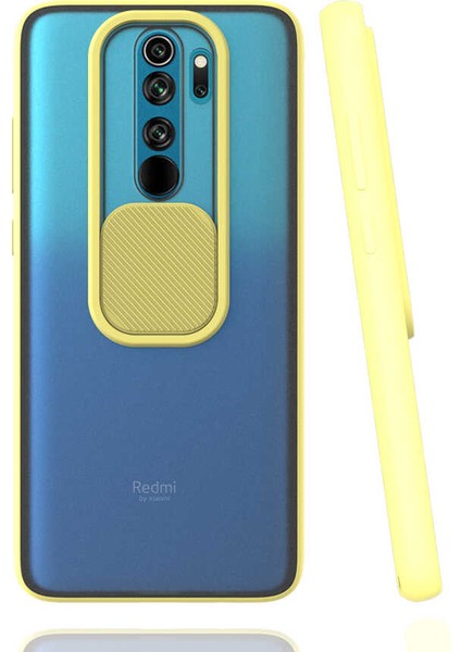 - Xiaomi Redmi Note 8 Pro - Kılıf Slayt Sürgülü Arkası Buzlu Lensi Kapak - Sarı