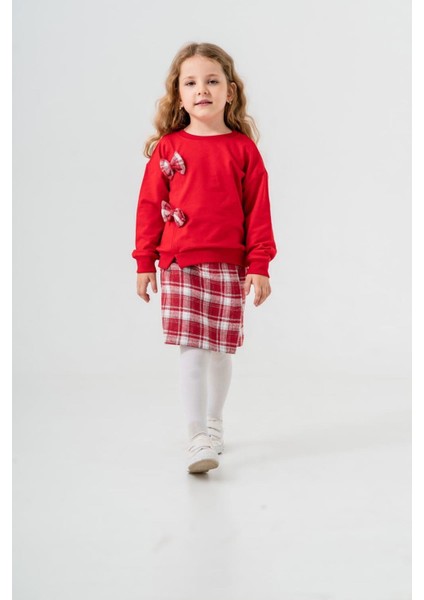 Fiyonk Detaylı Ekose Şort Etekli Kız çocuk takım - Kırmızı