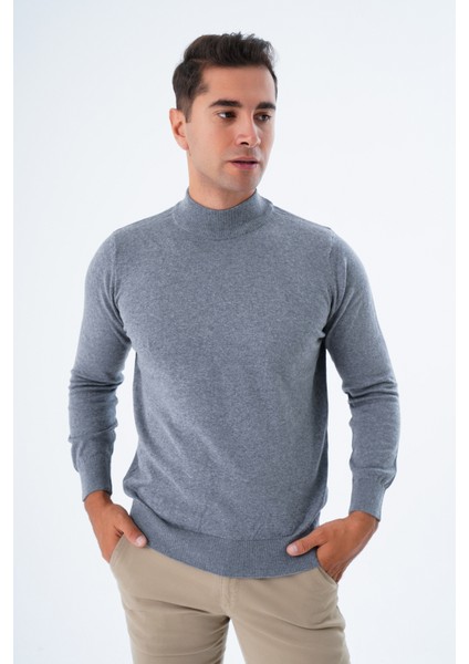 Erkek Koyu Gri %100 Pamuk Yarım Balıkçı Yaka Triko Kazak TRIST-1104