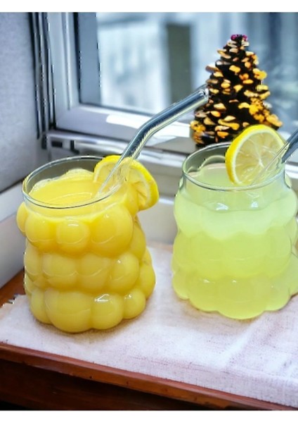 2 Adet Isıya Dayanıklı Üzüm Model Borosilikat Kokteyl ve Soğuk - Sıcak Kahve Bardağı Pipet Hediyeli