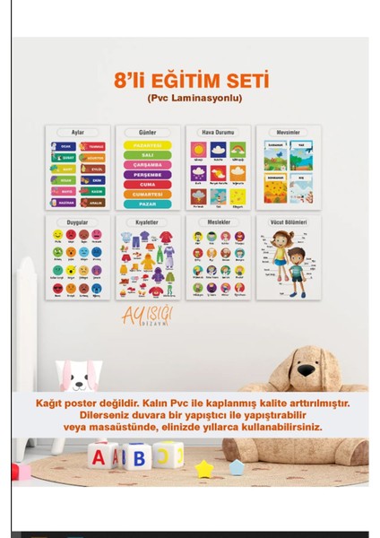 Türkçe 8'li Eğitim Seti-2 Okul Öncesi - Ilköğretim Çocuk Poster Pvc 21X30 cm