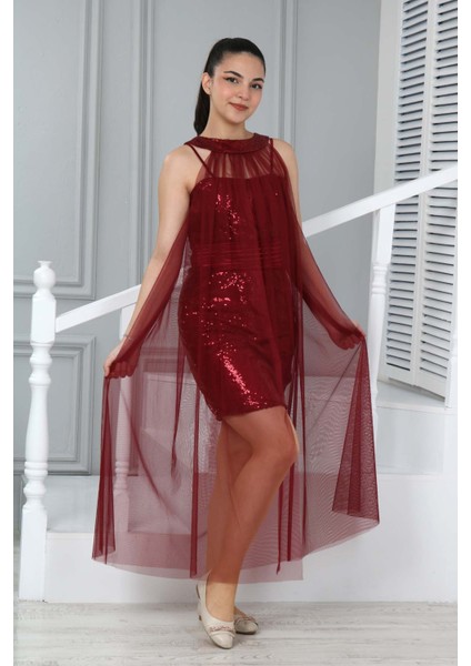 Kız Çocuk Bordo Abiye Elbise Mezuniyet Kıyafeti Pelerinli Payet İŞLEMELI-ABY-2000