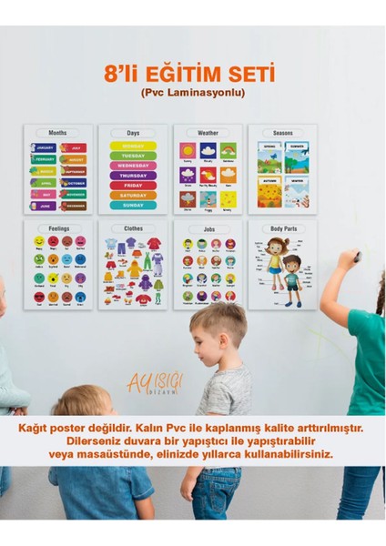 Ingilizce 8'li Eğitim Seti-2 Set Okul Öncesi - Ilköğretim Çocuk Pvc Poster 30X42 cm