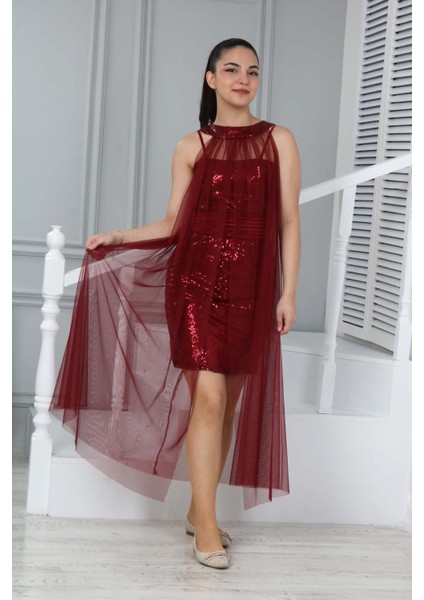 Kız Çocuk Bordo Abiye Elbise Mezuniyet Kıyafeti Pelerinli Payet İŞLEMELI-ABY-2000 fiyatları