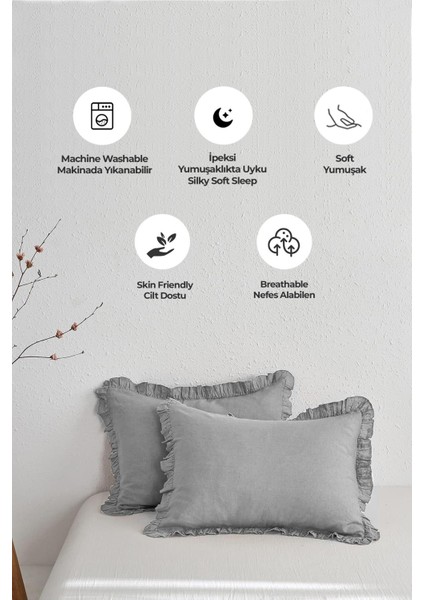 Evlen Home Collection Pamuklu Taş Yıkama Fırfırlı Nevresim Takımı Çift Kişilik 4 Parça Barella Yumuşak Nevresim Seti