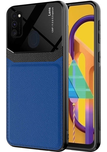 - Samsung Galaxy M30S - Kılıf Deri Görünümlü Parlak Mika Tasarımlı Emiks Kapak - Lacivert