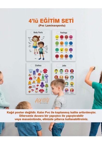 Ingilizce Okul Öncesi - Ilköğretim Çocuk Eğitim Seti-4 Pvc Laminasyonlu 4'lü Poster 30X42 cm