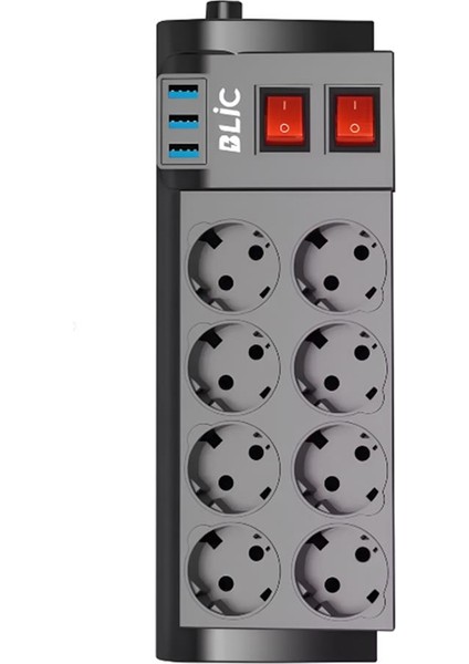 Ftr-08 Isıya Karşı Dayanıklı, 8 x Priz - 3 x USB - 2 Metre Kablo Uzunluğu Termal Akım Korumalı 8'li Grup Priz