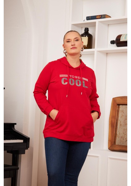 Büyük Beden Taş Baskılı Sweatshirt Kırmızı