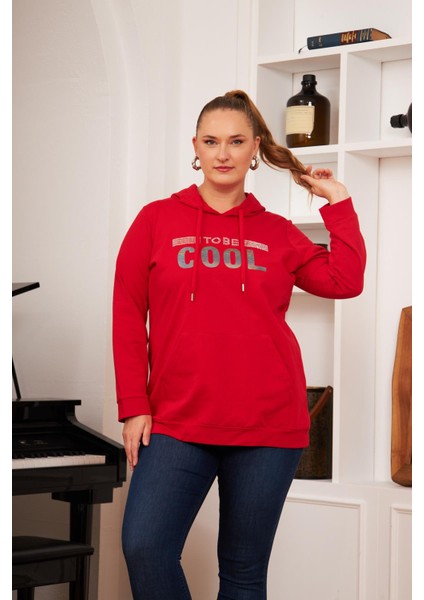 Büyük Beden Taş Baskılı Sweatshirt Kırmızı fiyatları