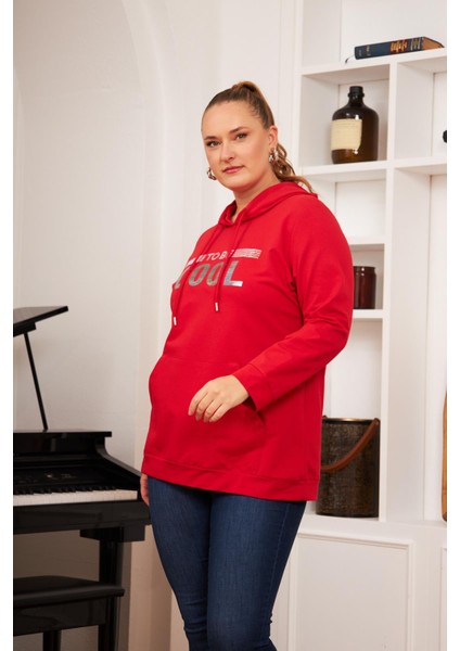 Büyük Beden Taş Baskılı Sweatshirt Kırmızı modelleri