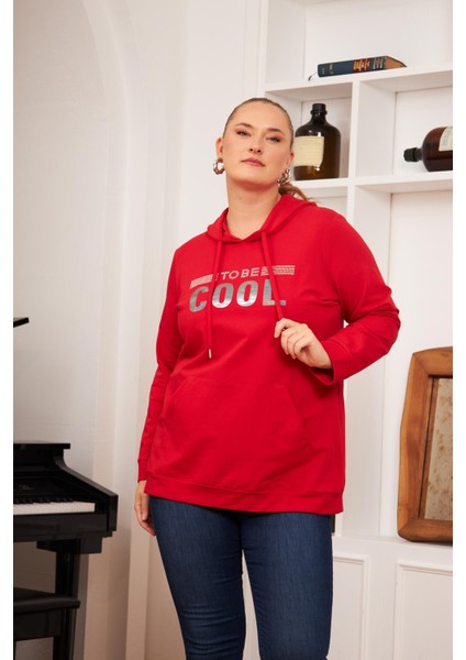 Büyük Beden Taş Baskılı Sweatshirt Kırmızı fırsatları