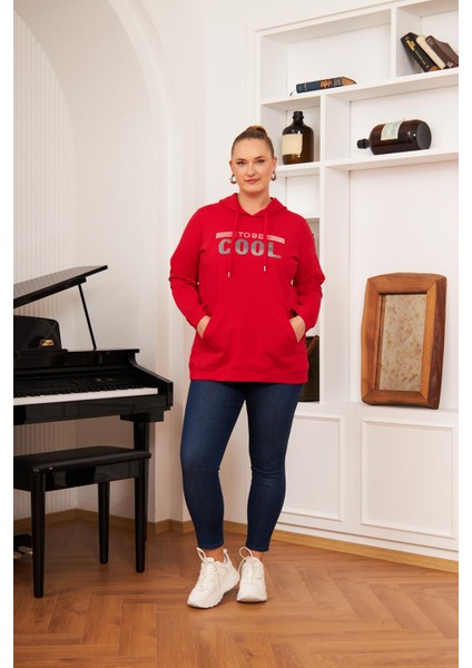 Büyük Beden Taş Baskılı Sweatshirt Kırmızı indirimleri