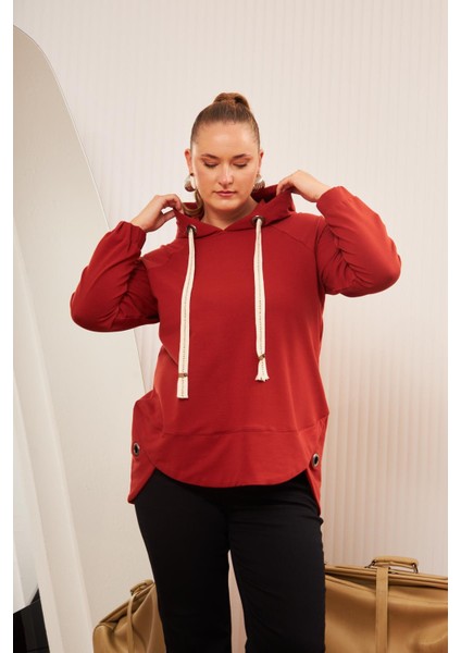 Büyük Beden Süslemeli Bağcıklı Kordon Sweatshirt Kiremit