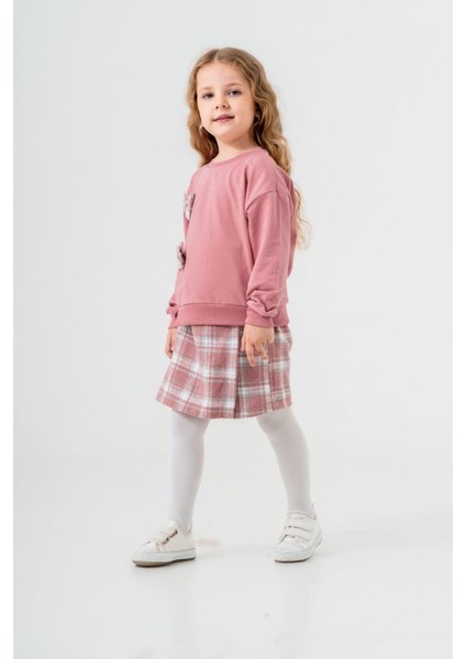 Fiyonk Detaylı Ekose Şort Etekli Kız çocuk takım - Gül Kurusu