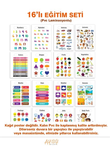 Ingilizce 16'li Eğitim Seti Okul Öncesi - Ilköğretim Çocuk Pvc Poster 21X30 cm