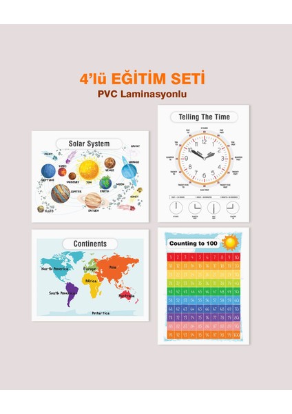 Ingilizce Okul Öncesi - Ilköğretim Çocuk Eğitim Seti-6 Pvc Laminasyonlu 4'lü Poster 30X42 cm