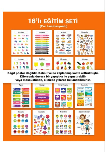 Türkçe 16'lı Eğitim Seti Okul Öncesi - Ilköğretim Çocuk Poster Pvc 21X30 cm