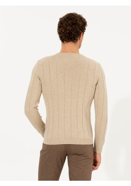 Erkek Ekru Regular Fit Pamuk Karışımlı Bisiklet Yaka Triko Kazak 50257389-VR019