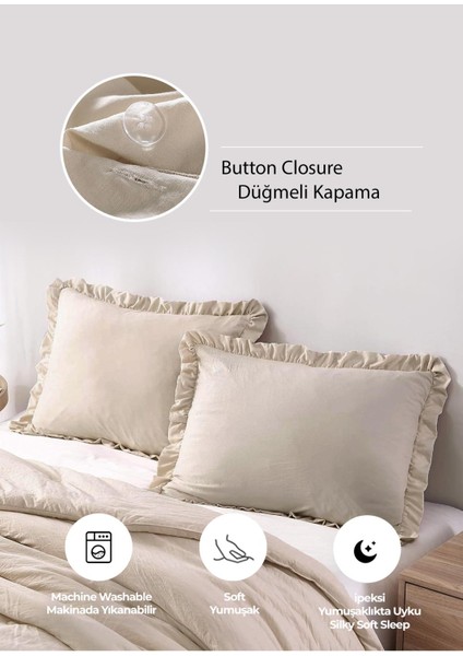 Evlen Home Collection Pamuklu Taş Yıkama Fırfırlı Nevresim Takımı Çift Kişilik 4 Parça Barella Yumuşak Nevresim Seti