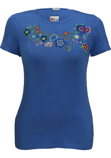 Erimeks Çiçek Nakışlı Yuvarlak Yaka T-Shirt