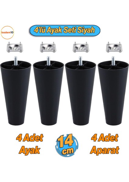 4 Adet Vidalı Düz 14 Cm Siyah Plastik Mobilya Koltuk Kanepe Baza Yükseltme Yükseltici Ayağı Aparat Dahil