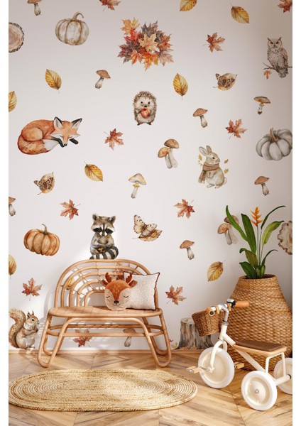Sonbahar Temalı Hayvanlar ve Yapraklar Cam Duvar Sticker Seti