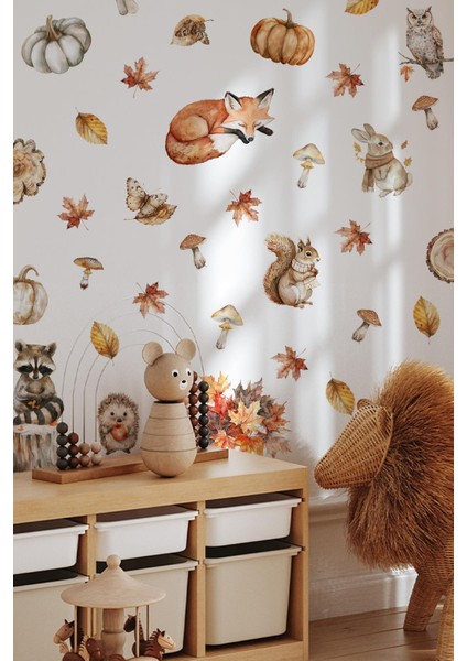 Sonbahar Temalı Hayvanlar ve Yapraklar Cam Duvar Sticker Seti fiyatları