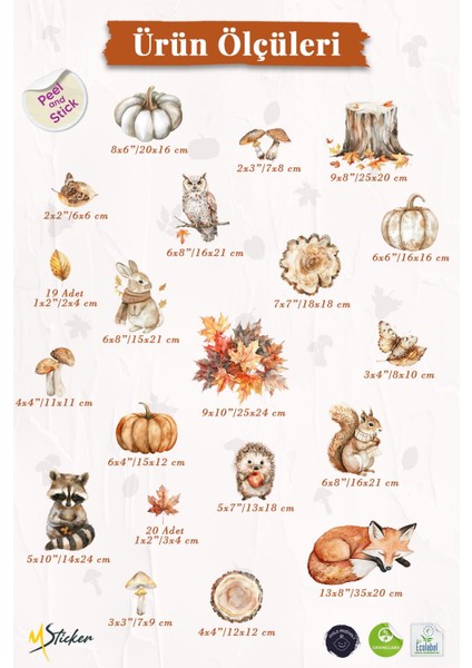 Sonbahar Temalı Hayvanlar ve Yapraklar Cam Duvar Sticker Seti modelleri