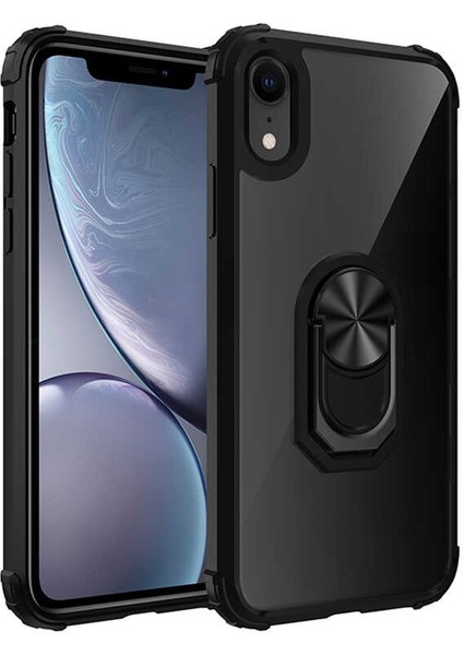 Mutcase - Apple iPhone Xr 6.1 - Kılıf Yüzüklü Arkası Şeffaf Koruyucu Mola Kapak - Siyah