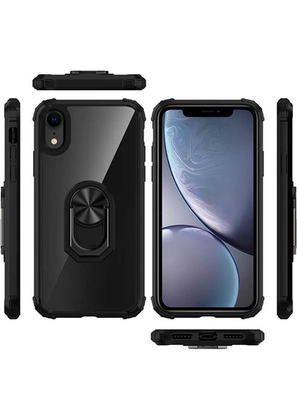 Mutcase - Apple iPhone Xr 6.1 - Kılıf Yüzüklü Arkası Şeffaf Koruyucu Mola Kapak - Siyah