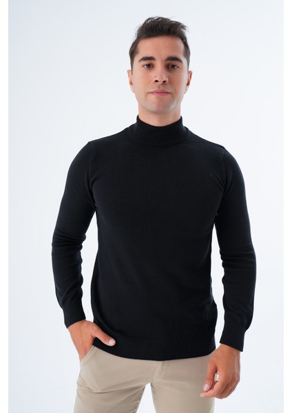 Erkek Siyah %100 Pamuk Yarım Balıkçı Yaka Triko Kazak TRIST-1104
