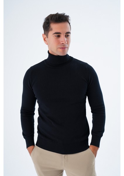 Erkek Siyah %100 Pamuk Balıkçı Yaka Triko Kazak TRIST-1105