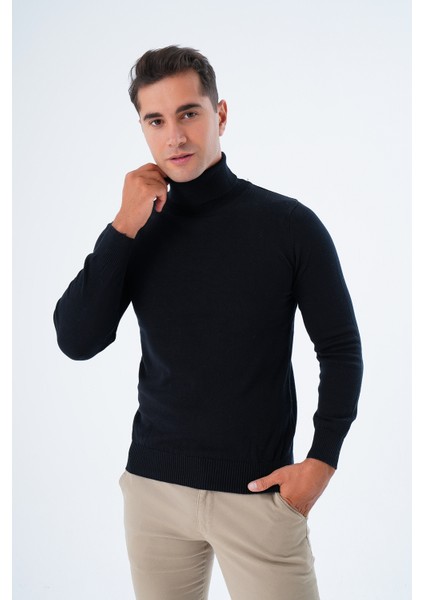 Erkek Siyah %100 Pamuk Balıkçı Yaka Triko Kazak TRIST-1105