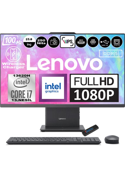 Ideacentre Aıo 24IRH9 Intel Core I7-13620H Ddr5 96GB 1tb SSD Intel UHD Graphics 23.8 Fhd IPS Windows 11 Home Gri All In One Bilgisayar F0HN00EATRH19 + Zetta Flash Bellek