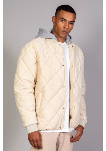 Ekru Çıkarılabilir Kapüşon Oversıze Fit /krinkıl Kumaş Içi Kapitone Erkek Ceket (Ilkbahar-Sonbahar-Kış)