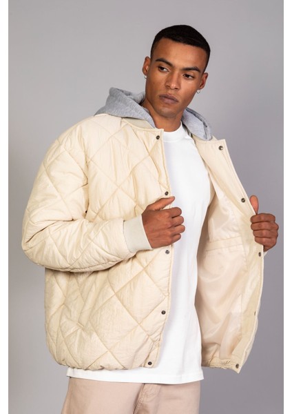 Ekru Çıkarılabilir Kapüşon Oversıze Fit /krinkıl Kumaş Içi Kapitone Erkek Ceket (Ilkbahar-Sonbahar-Kış) fiyatları