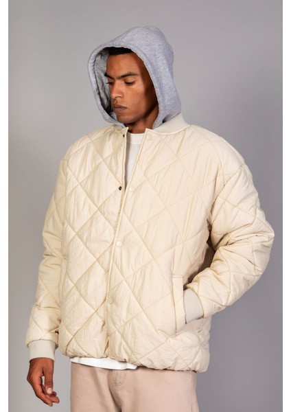 Ekru Çıkarılabilir Kapüşon Oversıze Fit /krinkıl Kumaş Içi Kapitone Erkek Ceket (Ilkbahar-Sonbahar-Kış) modelleri