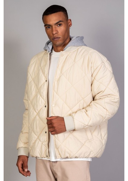 Ekru Çıkarılabilir Kapüşon Oversıze Fit /krinkıl Kumaş Içi Kapitone Erkek Ceket (Ilkbahar-Sonbahar-Kış) fırsatları