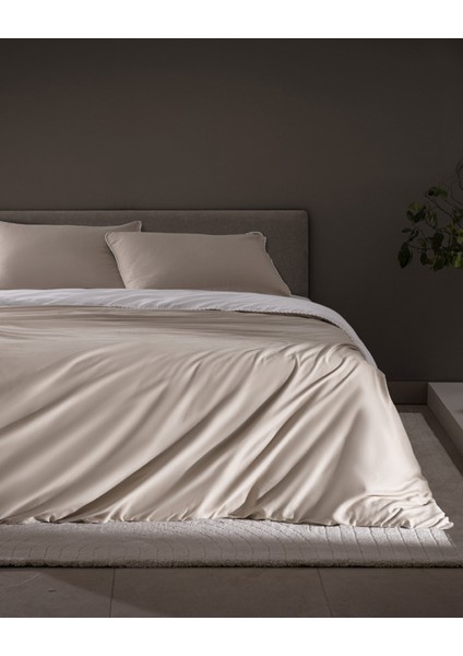Verne Çift Kişilik %100 Pamuk Biyeli Baskılı Saten Nevresim Takımı - Bej/Beyaz