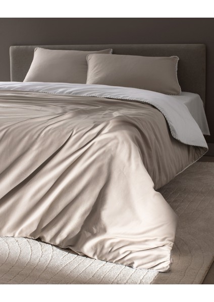 Verne Çift Kişilik %100 Pamuk Biyeli Baskılı Saten Nevresim Takımı - Bej/Beyaz fiyatları